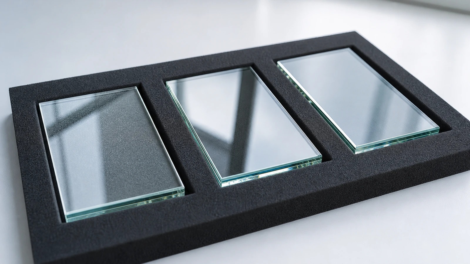 Three separate glass samples prepared in a foam holder
