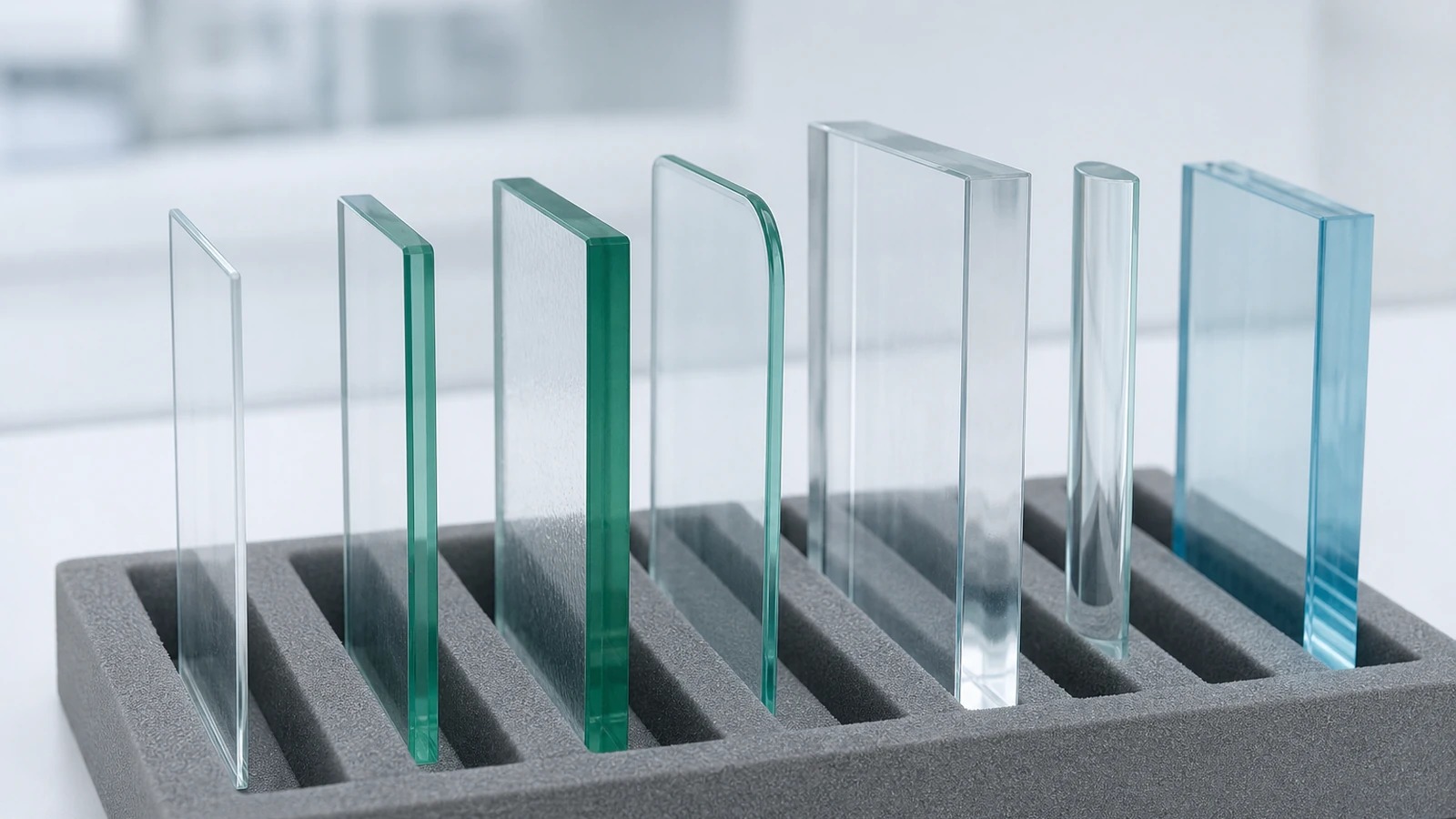 Varied clear glass specimens standing in separate foam slots