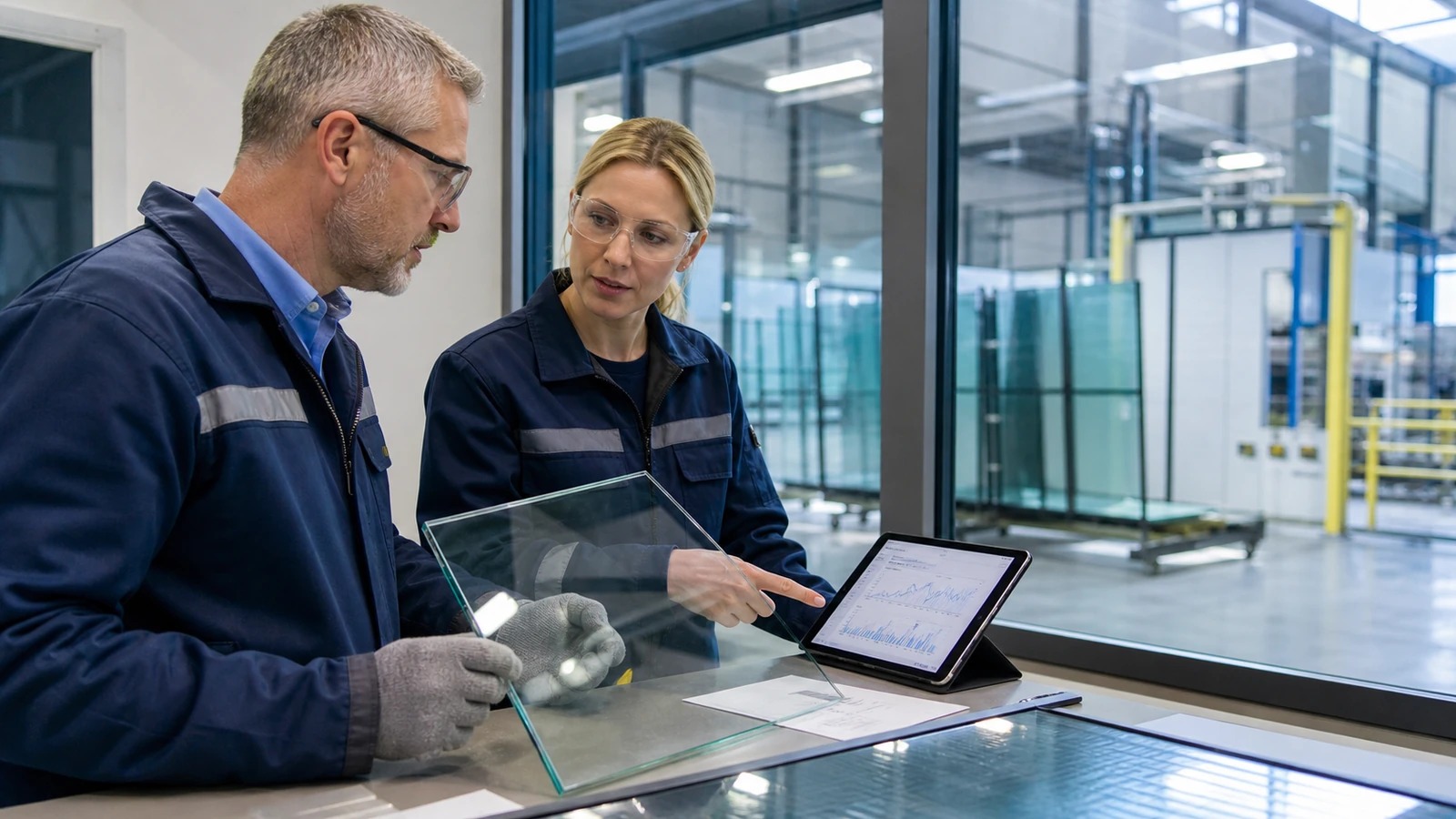 Glass quality professionals reviewing measurement evidence together