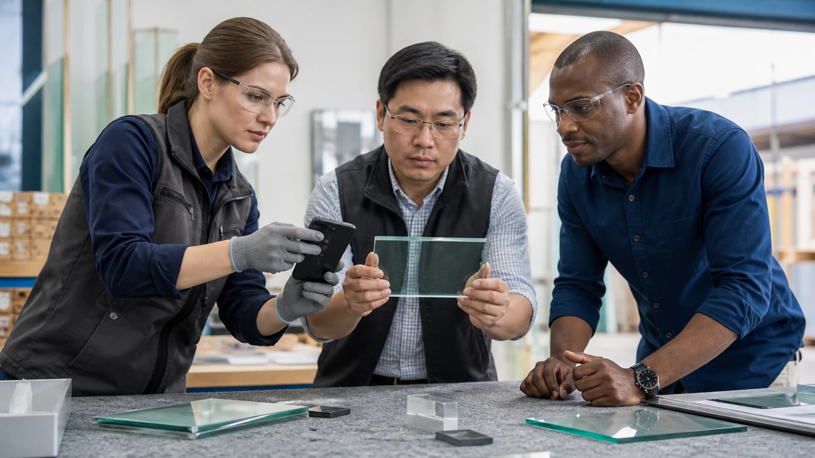 Three glass inspectors comparing a sample and a mobile measurement record