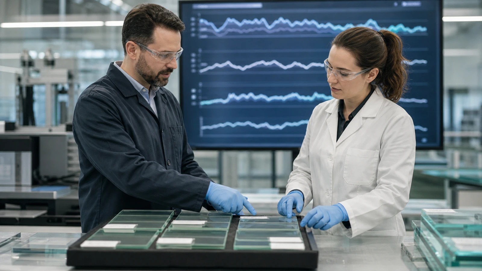 Quality professionals reviewing chemically strengthened glass samples and trends