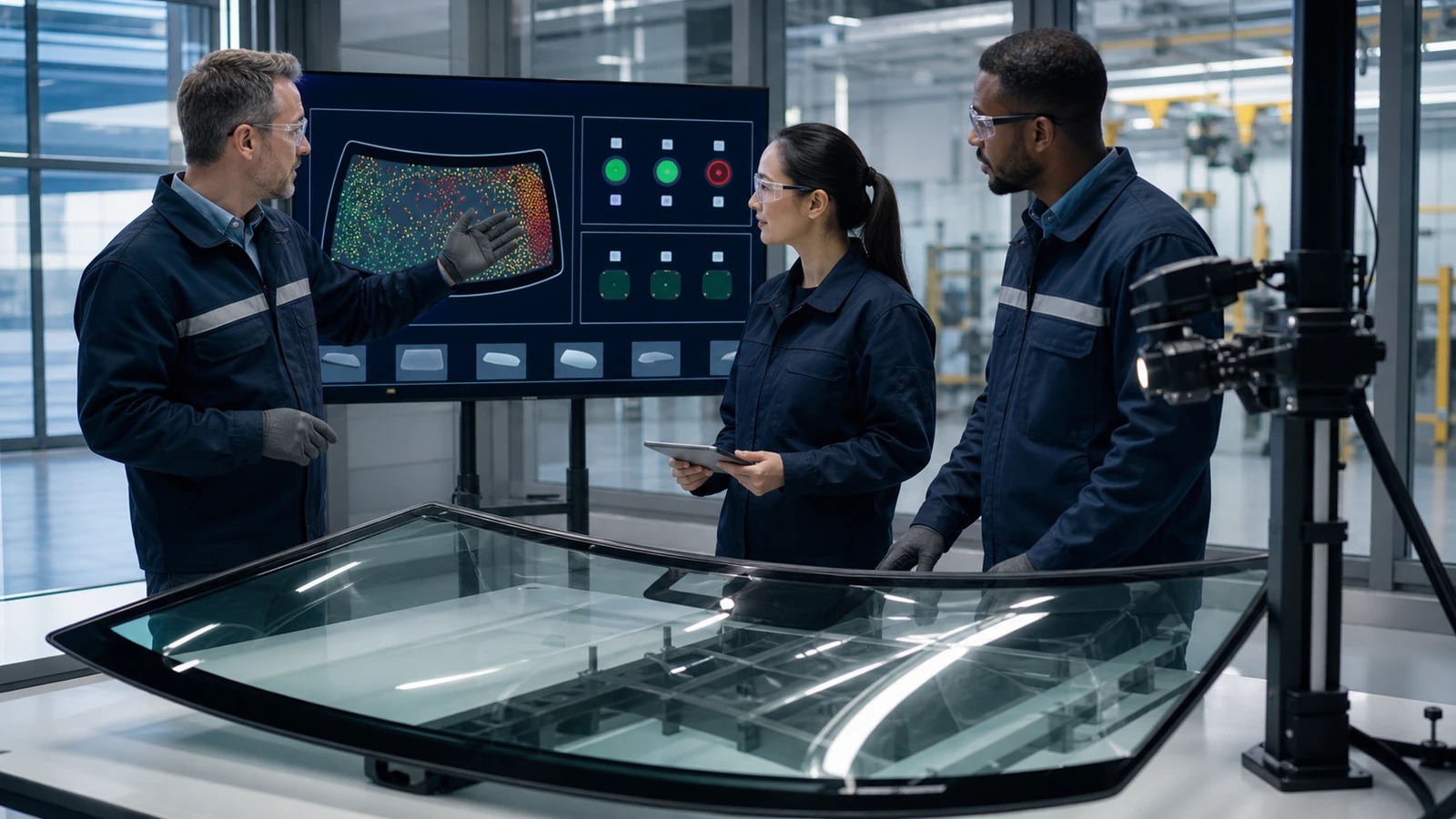 Windshield quality team reviewing a traceability and alarm workflow