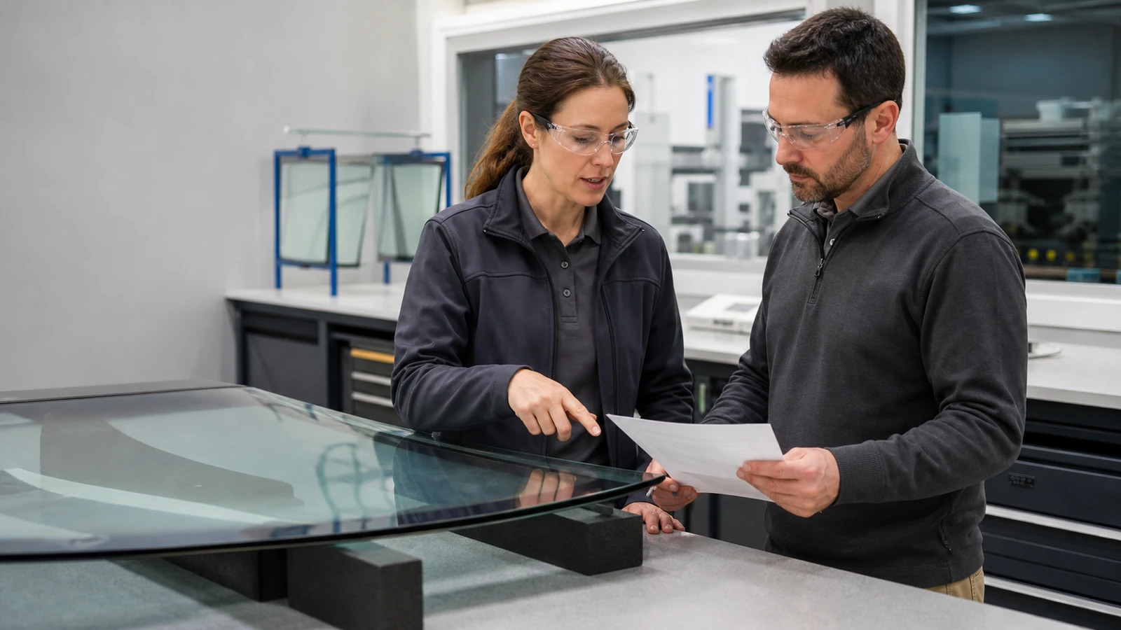 Glass quality professionals reviewing an edge investigation together