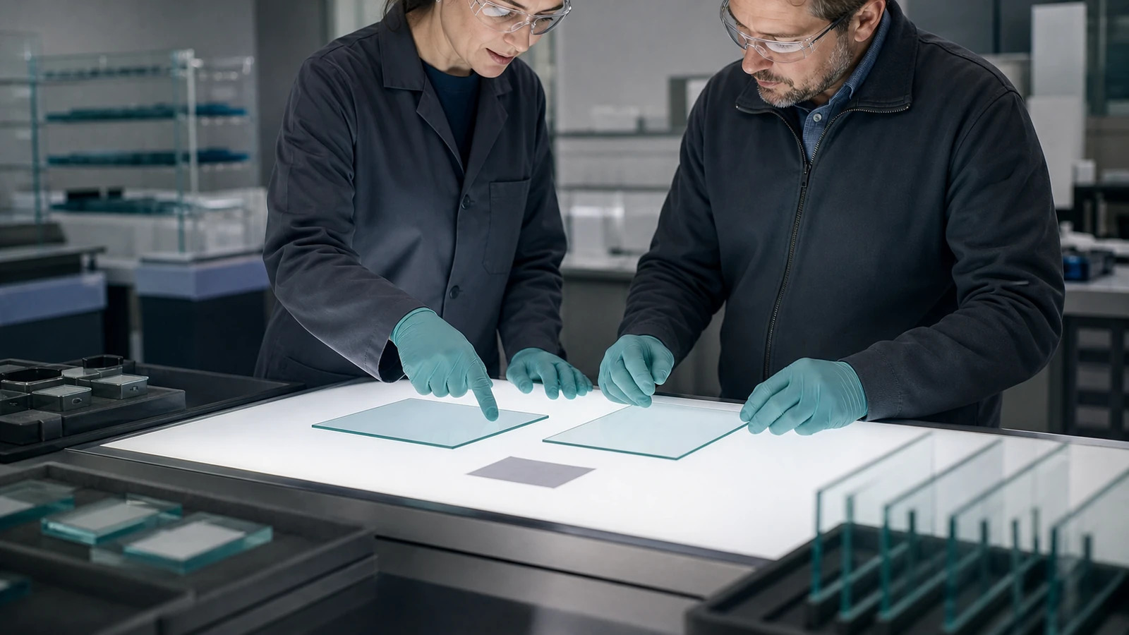 Glass engineers comparing samples on a backlit inspection table