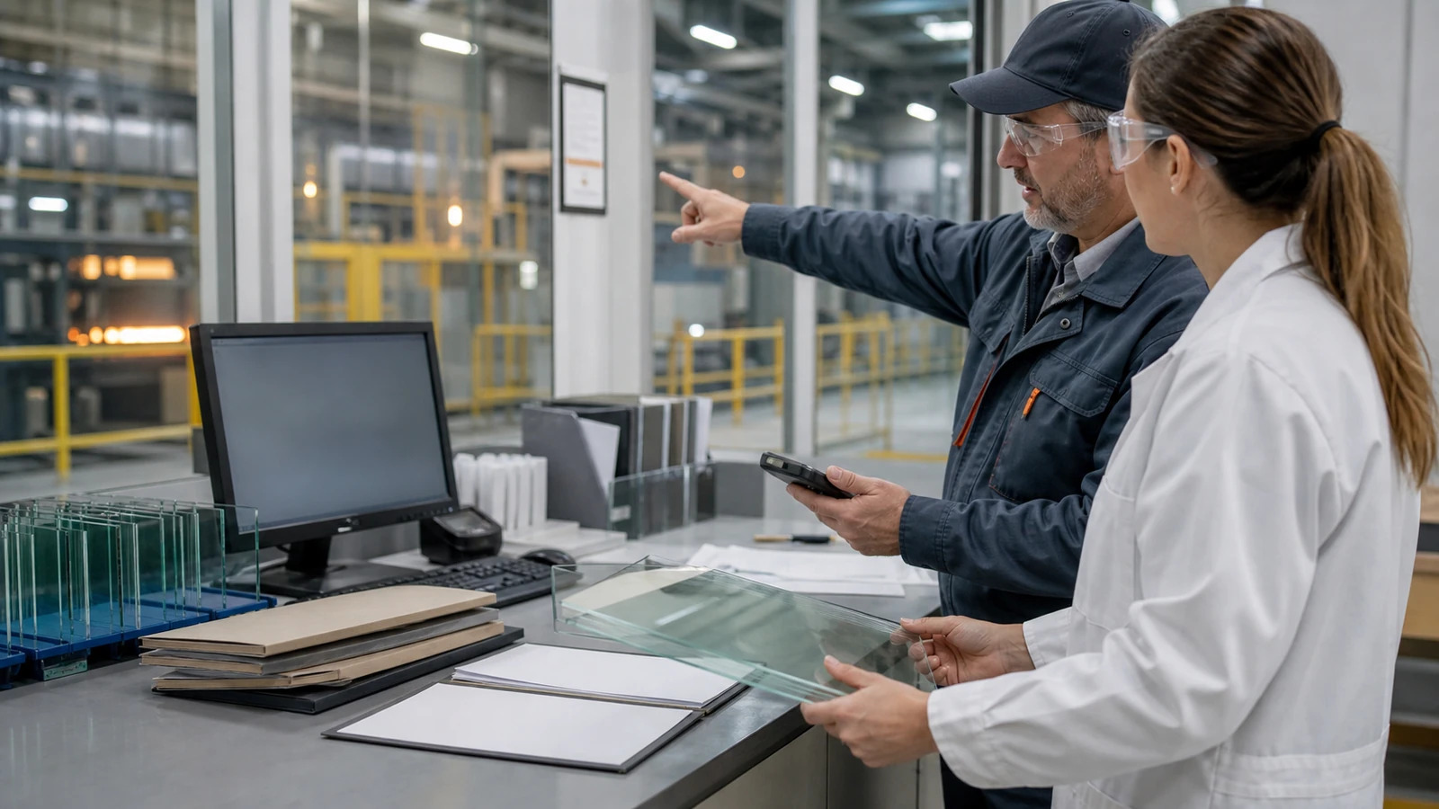Glass quality professionals aligning a sample with the next production review