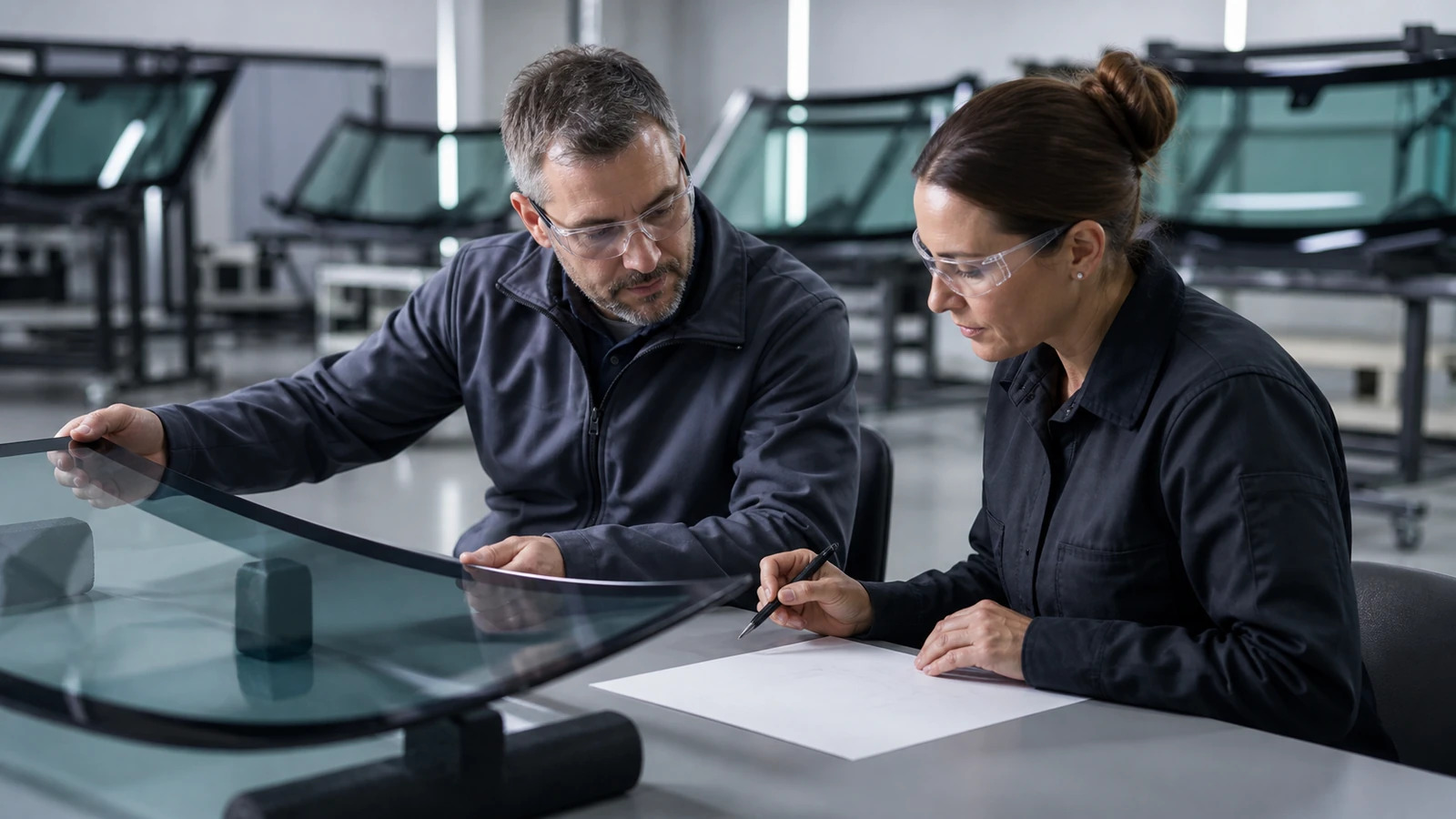 Automotive design and quality professionals reviewing a windshield sample